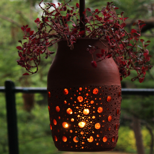 Terracotta planter cum lamp